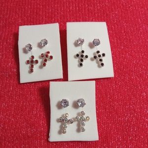 Womens 925 Sterling Silver lot‎ of 3 CZ Crystal Religious Cross Drop  Earrings